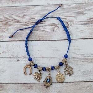 Adjustable Blue Stretch Bracelet with Charms - Tarnished